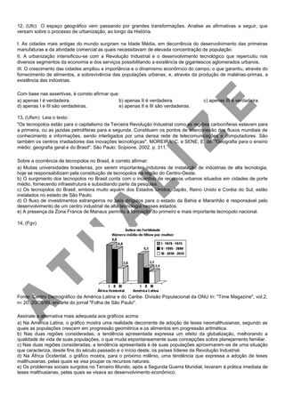 12. (Ufc) O espaço geográfico vem passando por grandes transformações. Analise as afirmativas a seguir, que
versam sobre o processo de urbanização, ao longo da História.
I. As cidades mais antigas do mundo surgiram na Idade Média, em decorrência do desenvolvimento das primeiras
manufaturas e da atividade comercial as quais necessitavam de elevada concentração de população.
II. A urbanização intensificou-se com a Revolução Industrial e o desenvolvimento tecnológico que repercutiu nos
diversos segmentos da economia e dos serviços possibilitando a existência de gigantescos aglomerados urbanos.
III. O crescimento das cidades ampliou a importância e o dinamismo econômico do campo, o que garantiu, através do
fornecimento de alimentos, a sobrevivência das populações urbanas, e, através da produção de matérias-primas, a
existência das indústrias.
Com base nas assertivas, é correto afirmar que:
a) apenas I é verdadeira. b) apenas II é verdadeira. c) apenas III é verdadeira.
d) apenas I e III são verdadeiras. e) apenas II e III são verdadeiras.
13. (Ufsm) Leia o texto:
"Os tecnopolos estão para o capitalismo da Terceira Revolução Industrial como as regiões carboníferas estavam para
a primeira, ou as jazidas petrolíferas para a segunda. Constituem os pontos de interconexão dos fluxos mundiais de
conhecimento e informações, sendo interligados por uma densa rede de telecomunicações e computadores. São
também os centros irradiadores das inovações tecnológicas". MOREIRA. C. e SENE, E. de. "Geografia para o ensino
médio: geografia geral e do Brasil". São Paulo: Scipione, 2002. p. 311.
Sobre a ocorrência de tecnopolos no Brasil, é correto afirmar:
a) Muitas universidades brasileiras, por serem importantes indutores de instalação de indústrias de alta tecnologia,
hoje se responsabilizam pela constituição de tecnopolos na região do Centro-Oeste.
b) O surgimento dos tecnopolos no Brasil conta com o incentivo de recursos urbanos situados em cidades de porte
médio, fornecendo infraestrutura e subsidiando parte da pesquisa.
c) Os tecnopolos do Brasil, embora muito aquém dos Estados Unidos, Japão, Reino Unido e Coréia do Sul, estão
instalados no estado de São Paulo.
d) O fluxo de investimentos estrangeiros no país dirigidos para o estado da Bahia e Maranhão é responsável pelo
desenvolvimento de um centro industrial de alta tecnologia nesses estados.
e) A presença da Zona Franca de Manaus permitiu a formação do primeiro e mais importante tecnopolo nacional.
14. (Fgv)
Fonte: Centro Demográfico da América Latina e do Caribe. Divisão Populacional da ONU In: "Time Magazine", vol.2,
n∘ 20, 20/05/99, encarte do jornal "Folha de São Paulo".
Assinale a alternativa mais adequada aos gráficos acima:
a) Na América Latina, o gráfico mostra uma realidade decorrente de adoção de teses neomalthusianas, segundo as
quais as populações crescem em progressão geométrica e os alimentos em progressão aritmética.
b) Nas duas regiões consideradas, a tendência apresentada expressa um efeito da globalização, melhorando a
qualidade de vida de suas populações, o que muda espontaneamente suas concepções sobre planejamento familiar.
c) Nas duas regiões consideradas, a tendência apresentada é de suas populações aproximarem-se de uma situação
que caracteriza, desde fins do século passado e o início deste, os países líderes da Revolução Industrial.
d) Na África Ocidental, o gráfico mostra, para o próximo milênio, uma tendência que expressa a adoção de teses
malthusianas, pelas quais se visa poupar os recursos naturais.
e) Os problemas sociais surgidos no Terceiro Mundo, após a Segunda Guerra Mundial, levaram à prática imediata de
teses malthusianas, pelas quais se visava ao desenvolvimento econômico.
 