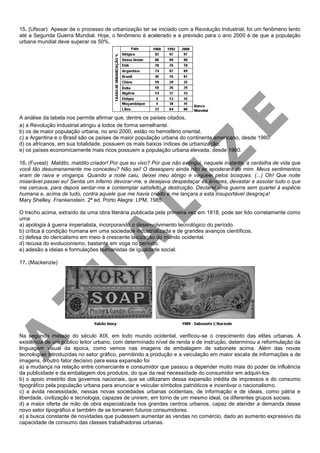 15. (Ufscar) Apesar de o processo de urbanização ter se iniciado com a Revolução Industrial, foi um fenômeno lento
até a Segunda Guerra Mundial. Hoje, o fenômeno é acelerado e a previsão para o ano 2000 é de que a população
urbana mundial deve superar os 50%.
A análise da tabela nos permite afirmar que, dentre os países citados,
a) a Revolução Industrial atingiu a todos de forma semelhante.
b) os de maior população urbana, no ano 2000, estão no hemisfério oriental.
c) a Argentina e o Brasil são os países de maior população urbana do continente americano, desde 1960.
d) os africanos, em sua totalidade, possuem os mais baixos índices de urbanização.
e) os países economicamente mais ricos possuem a população urbana elevada, desde 1960.
16. (Fuvest) Maldito, maldito criador! Por que eu vivo? Por que não extingui, naquele instante, a centelha de vida que
você tão desumanamente me concedeu? Não sei! O desespero ainda não se apoderara de mim. Meus sentimentos
eram de raiva e vingança. Quando a noite caiu, deixei meu abrigo e vagueei pelos bosques. (...) Oh! Que noite
miserável passei eu! Sentia um inferno devorar-me, e desejava despedaçar as árvores, devastar e assolar tudo o que
me cercava, para depois sentar-me e contemplar satisfeito a destruição. Declarei uma guerra sem quartel à espécie
humana e, acima de tudo, contra aquele que me havia criado e me lançara a esta insuportável desgraça!
Mary Shelley. Frankenstein. 2ª ed. Porto Alegre: LPM, 1985.
O trecho acima, extraído de uma obra literária publicada pela primeira vez em 1818, pode ser lido corretamente como
uma
a) apologia à guerra imperialista, incorporando o desenvolvimento tecnológico do período.
b) crítica à condição humana em uma sociedade industrializada e de grandes avanços científicos.
c) defesa do clericalismo em meio à crescente laicização do mundo ocidental.
d) recusa do evolucionismo, bastante em voga no período.
e) adesão a ideias e formulações humanistas de igualdade social.
17. (Mackenzie)
Na segunda metade do século XIX, em todo mundo ocidental, verificou-se o crescimento das elites urbanas. A
existência de um público leitor urbano, com determinado nível de renda e de instrução, determinou a reformulação da
linguagem visual da época, como vemos nas imagens de embalagem de sabonete acima. Além das novas
tecnologias introduzidas no setor gráfico, permitindo a produção e a veiculação em maior escala de informações e de
imagens, o outro fator decisivo para essa expansão foi
a) a mudança na relação entre comerciante e consumidor que passou a depender muito mais do poder de influência
da publicidade e da embalagem dos produtos, do que da real necessidade do consumidor em adquiri-los.
b) o apoio irrestrito dos governos nacionais, que se utilizaram dessa expansão inédita de impressos e do consumo
tipográfico pela população urbana para anunciar e veicular símbolos patrióticos e incentivar o nacionalismo.
c) a ávida necessidade, nessas novas sociedades urbanas ocidentais, de informação e de ideais, como pátria e
liberdade, civilização e tecnologia, capazes de unirem, em torno de um mesmo ideal, os diferentes grupos sociais.
d) a maior oferta de mão de obra especializada nos grandes centros urbanos, capaz de atender a demanda desse
novo setor tipográfico e também de se tornarem futuros consumidores.
e) a busca constante de novidades que pudessem aumentar as vendas no comércio, dado ao aumento expressivo da
capacidade de consumo das classes trabalhadoras urbanas.
 