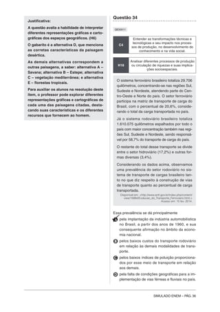 SIMULADO ENEM – PÁG. 36
Justificativa:
A questão avalia a habilidade de interpretar
diferentes representações gráficas e carto-
gráficas dos espaços geográficos. (H6)
O gabarito é a alternativa D, que menciona
as corretas características da paisagem
desértica.
As demais alternativas correspondem a
outras paisagens, a saber: alternativa A –
Savana; alternativa B – Estepe; alternativa
C – vegetação mediterrânea; e alternativa
E – florestas tropicais.
Para auxiliar os alunos na resolução deste
item, o professor pode explorar diferentes
representações gráficas e cartográficas de
cada uma das paisagens citadas, desta-
cando suas características e os diferentes
recursos que fornecem ao homem.
Questão 34
QE00511
C4
Entender as transformações técnicas e
tecnológicas e seu impacto nos proces-
sos de produção, no desenvolvimento do
conhecimento e na vida social.
H18
Analisar diferentes processos de produção
ou circulação de riquezas e suas implica-
ções socioespaciais.
O sistema ferroviário brasileiro totaliza 29.706
quilômetros, concentrando-se nas regiões Sul,
Sudeste e Nordeste, atendendo parte do Cen-
tro-Oeste e Norte do país. O setor ferroviário
participa na matriz de transporte de carga do
Brasil, com o percentual de 20,6%, conside-
rando o total da carga transportada no país.
Já o sistema rodoviário brasileiro totaliza
1.610.075 quilômetros espalhados por todo o
país com maior concentração também nas regi-
ões Sul, Sudeste e Nordeste, sendo responsá-
vel por 58,7% do transporte de carga do país.
O restante do total desse transporte se divide
entre o setor hidroviário (17,2%) e outras for-
mas diversas (3,4%).
Considerando os dados acima, observamos
uma prevalência do setor rodoviário no sis-
tema de transporte de cargas brasileiro tan-
to no que diz respeito à construção de vias
de transporte quanto ao percentual de carga
transportada.
Disponível em: <http://www.antt.gov.br/index.php/content/
view/15884/Evolucao_do_Transporte_Ferroviario.html.>
Acesso em: 15 fev. 2014.
Essa prevalência se dá principalmente
A pela implantação da indústria automobilística
no Brasil, a partir dos anos de 1960, e sua
consequente afirmação no âmbito da econo-
mia nacional.
B pelos baixos custos do transporte rodoviário
em relação às demais modalidades de trans-
porte.
C pelos baixos índices de poluição proporciona-
dos por esse meio de transporte em relação
aos demais.
D pela falta de condições geográficas para a im-
plementação de vias férreas e fluviais no país.
 