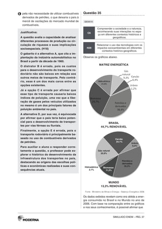 SIMULADO ENEM – PÁG. 37
E pela não necessidade de utilizar combustíveis
derivados de petróleo, o que deixaria o país à
mercê de oscilações do mercado mundial de
combustíveis.
Justificativa:
A questão avalia a capacidade de analisar
diferentes processos de produção ou cir-
culação de riquezas e suas implicações
socioespaciais. (H18)
O gabarito é a alternativa A, que cita a im-
plantação da indústria automobilística no
Brasil a partir da década de 1960.
O distrator B é errado, pois os custos
para o desenvolvimento do transporte ro-
doviário não são baixos em relação aos
outros meios de transporte. Pelo contrá-
rio, esse é um dos mais caros entre as
opções existentes.
Já a opção C é errada por afirmar que
esse tipo de transporte causaria baixos
índices de poluição, uma vez que a libe-
ração de gases pelos veículos utilizados
no mesmo é um dos principais fatores de
poluição ambiental no país.
A alternativa D, por sua vez, é equivocada
por afirmar que o país teria baixo poten-
cial para o desenvolvimento de transpor-
tes por vias férreas ou fluviais.
Finalmente, a opção E é errada, pois o
transporte rodoviário é principalmente ba-
seado no uso de combustíveis derivados
de petróleo.
Para auxiliar o aluno a responder corre-
tamente a questão, o professor pode ex-
plorar o histórico do desenvolvimento da
infraestrutura dos transportes no país,
destacando as origens das escolhas polí-
ticas e econômicas realizadas e suas con-
sequências atuais.
Questão 35
QE00519
C6
Compreender a sociedade e a natureza,
reconhecendo suas interações no espa-
ço em diferentes contextos históricos e
geográficos.
H29
Relacionar o uso das tecnologias com os
impactos socioambientais em diferentes
contextos histórico-geográficos.
Observe os gráficos abaixo.
MATRIZ ENERGÉTICA
BRASIL
44,7% RENOVÁVEL
Carvão
24,1%
Biomassa
11,2%
Gás natural
20,9%
Petróleo e
derivados
35,3%
Urânio
6,4%
Hidroelétrica
2,1%
MUNDO
13,3% RENOVÁVEL
Fonte : Ministério de Minas e Energia – Balanço Energético 2006
Os dados exibidos revelam como era obtida a ener-
gia consumida no Brasil e no Mundo no ano de
2006. Com base na comparação entre os gráficos
e nos seus conhecimentos, é possível afirmar que
 