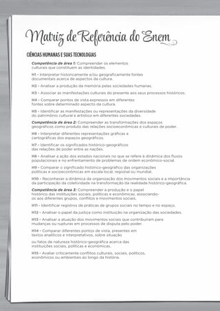 CIÊNCIAS HUMANAS E SUAS TECNOLOGIAS
Competência de área 1: Compreender os elementos
culturais que constituem as identidades.
H1 - Interpretar historicamente e/ou geograficamente fontes
documentais acerca de aspectos da cultura.
H2 - Analisar a produção da memória pelas sociedades humanas.
H3 - Associar as manifestações culturais do presente aos seus processos históricos.
H4 - Comparar pontos de vista expressos em diferentes
fontes sobre determinado aspecto da cultura.
H5 - Identificar as manifestações ou representações da diversidade
do patrimônio cultural e artístico em diferentes sociedades.
Competência de área 2: Compreender as transformações dos espaços
geográficos como produto das relações socioeconômicas e culturais de poder.
H6 - Interpretar diferentes representações gráficas e
cartográficas dos espaços geográficos.
H7 - Identificar os significados histórico‑geográficos
das relações de poder entre as nações.
H8 - Analisar a ação dos estados nacionais no que se refere à dinâmica dos fluxos
populacionais e no enfrentamento de problemas de ordem econômico-social.
H9 - Comparar o significado histórico‑geográfico das organizações
políticas e socioeconômicas em escala local, regional ou mundial.
H10 - Reconhecer a dinâmica da organização dos movimentos sociais e a importância
da participação da coletividade na transformação da realidade histórico‑geográfica.
Competência de área 3: Compreender a produção e o papel
histórico das instituições sociais, políticas e econômicas, associando-
os aos diferentes grupos, conflitos e movimentos sociais.
H11 - Identificar registros de práticas de grupos sociais no tempo e no espaço.
H12 - Analisar o papel da justiça como instituição na organização das sociedades.
H13 - Analisar a atuação dos movimentos sociais que contribuíram para
mudanças ou rupturas em processos de disputa pelo poder.
H14 - Comparar diferentes pontos de vista, presentes em
textos analíticos e interpretativos, sobre situação
ou fatos de natureza histórico‑geográfica acerca das
instituições sociais, políticas e econômicas.
H15 - Avaliar criticamente conflitos culturais, sociais, políticos,
econômicos ou ambientais ao longo da história.
Matriz de Referência do Enem
matrizes_plus.indd 7 15/9/14 4:43 PM
 