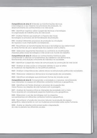 Competência de área 4: Entender as transformações técnicas
e tecnológicas e seu impacto nos processos de produção, no
desenvolvimento do conhecimento e na vida social.
H16 - Identificar registros sobre o papel das técnicas e tecnologias
na organização do trabalho e/ou da vida social.
H17 - Analisar fatores que explicam o impacto das novas
tecnologias no processo de territorialização da produção.
H18 - Analisar diferentes processos de produção ou circulação
de riquezas e suas implicações socioespaciais.
H19 - Reconhecer as transformações técnicas e tecnológicas que determinam
as várias formas de uso e apropriação dos espaços rural e urbano.
H20 - Selecionar argumentos favoráveis ou contrários às modificações
impostas pelas novas tecnologias à vida social e ao mundo do trabalho.
Competência de área 5: Utilizar os conhecimentos históricos para
compreender e valorizar os fundamentos da cidadania e da democracia,
favorecendo uma atuação consciente do indivíduo na sociedade.
H21 - Identificar o papel dos meios de comunicação na construção da vida social.
H22 - Analisar as lutas sociais e conquistas obtidas no que se refere
às mudanças nas legislações ou nas políticas públicas.
H23 - Analisar a importância dos valores éticos na estruturação política das sociedades.
H24 - Relacionar cidadania e democracia na organização das sociedades.
H25 – Identificar estratégias que promovam formas de inclusão social.
Competência de área 6: Compreender a sociedade e a natureza, reconhecendo
suas interações no espaço em diferentes contextos históricos e geográficos.
H26 - Identificar em fontes diversas o processo de ocupação dos
meios físicos e as relações da vida humana com a paisagem.
H27 - Analisar de maneira crítica as interações da sociedade com o meio
físico, levando em consideração aspectos históricos e/ou geográficos.
H28 - Relacionar o uso das tecnologias com os impactos
socioambientais em diferentes contextos histórico‑geográficos.
H29 - Reconhecer a função dos recursos naturais na produção do espaço
geográfico, relacionando‑os com as mudanças provocadas pelas ações humanas.
H30 - Avaliar as relações entre preservação e degradação
da vida no planeta nas diferentes escalas.
matrizes_plus.indd 8 15/9/14 4:43 PM
 