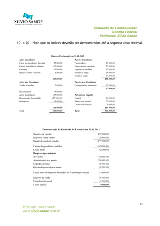Simulado de Contabilidade
Receita Federal
Professor: Silvio Sande
	
  
Professor: Silvio Sande
www.silviosande.com.br
15
19 a 20 . Note que os índices deverão ser demonstrados até a segunda casa decimal.
 