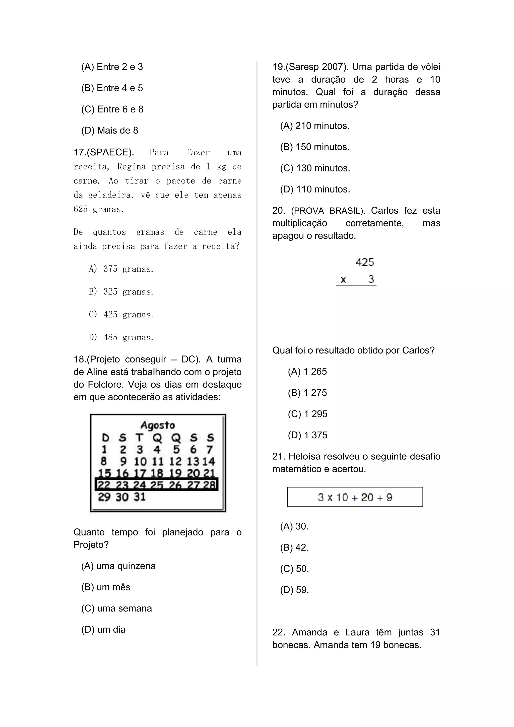 Simulado de matematica 5ºano spaece 2014 | DOCX