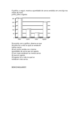 O gráfico, a seguir, mostra a quantidade de carros vendidos em uma loja nos 
meses de maio, 
junho, julho e agosto. 
De acordo com o gráfico, observa-se que 
(A) julho foi o mês no qual se venderam 
menos carros 
(B) em junho vendeu-se a mesma 
quantidade de carros que em agosto. 
(C) em maio venderam-se menos carros 
do que em agosto 
(D) agosto foi o mês no qual se 
venderam mais carros. 
BOM SIMULADO!! 
