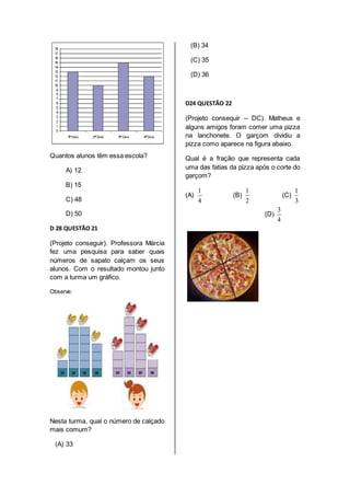 Quantos alunos têm essa escola? 
A) 12 
B) 15 
C) 48 
D) 50 
D 28 QUESTÃO 21 
(Projeto conseguir). Professora Márcia 
fez uma pesquisa para saber quais 
números de sapato calçam os seus 
alunos. Com o resultado montou junto 
com a turma um gráfico. 
Observe: 
Nesta turma, qual o número de calçado 
mais comum? 
(A) 33 
(B) 34 
(C) 35 
(D) 36 
D24 QUESTÃO 22 
(Projeto consequir – DC). Matheus e 
alguns amigos foram comer uma pizza 
na lanchonete. O garçom dividiu a 
pizza como aparece na figura abaixo. 
Qual é a fração que representa cada 
uma das fatias da pizza após o corte do 
garçom? 
(A) 
1 
4 
(B) 
1 
2 
(C) 
1 
3 
(D) 
3 
4 
