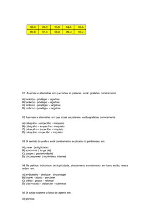 01-C 02-C 03-D 04-A 05-A
06-B 07-B 08-D 09-D 10-C
01 Assinale a alternativa em que todas as palavras estão grafadas corretamente.
A) torácico - privilégio - lagartixa
B) toráxico - privilégio - lagartixa
C) torácico - previlégio - largatixa
D) toráxico - previlégio - largatixa
02 Assinale a alternativa em que todas as palavras estão grafadas corretamente.
A) cabeçário - empecilho - irrequieto
B) cabeçalho - empecilho - irrequieto
C) cabeçalho - impecilho - irriquieto
D) cabeçário - impecilho - irriquieto
03 O sentido do prefixo está corretamente explicado no parênteses em:
A) prever (antigüidade)
B) adnominal ( longe de)
C) pospor ( posterioridade)
D) circunscrever ( movimento interno)
04 Os prefixos indicativos de duplicidade, afastamento e movimento em torno estão, nessa
ordem em:
A) ambidestro - deslocar - circunvagar
B) bisavô - abuso - percorrer
C) biênio - propor - retornar
D) dissimulado - distanciar - sobrevoar
05 O sufixo exprime a idéia de agente em:
A) gloriosa
 