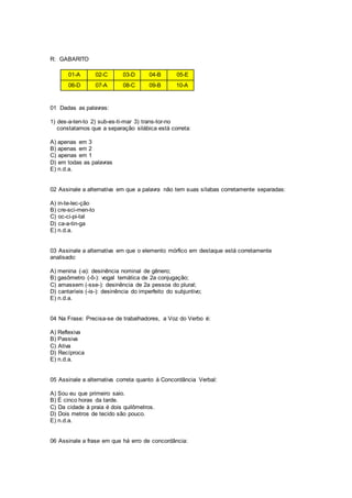 R: GABARITO
01-A 02-C 03-D 04-B 05-E
06-D 07-A 08-C 09-B 10-A
01 Dadas as palavras:
1) des-a-ten-to 2) sub-es-ti-mar 3) trans-tor-no
constatamos que a separação silábica está correta:
A) apenas em 3
B) apenas em 2
C) apenas em 1
D) em todas as palavras
E) n.d.a.
02 Assinale a alternativa em que a palavra não tem suas sílabas corretamente separadas:
A) in-te-lec-ção
B) cre-sci-men-to
C) oc-ci-pi-tal
D) ca-a-tin-ga
E) n.d.a.
03 Assinale a alternativa em que o elemento mórfico em destaque está corretamente
analisado:
A) menina (-a): desinência nominal de gênero;
B) gasômetro (-ô-): vogal temática de 2a conjugação;
C) amassem (-sse-): desinência de 2a pessoa do plural;
D) cantaríeis (-is-): desinência do imperfeito do subjuntivo;
E) n.d.a.
04 Na Frase: Precisa-se de trabalhadores, a Voz do Verbo é:
A) Reflexiva
B) Passiva
C) Ativa
D) Recíproca
E) n.d.a.
05 Assinale a alternativa correta quanto à Concordância Verbal:
A) Sou eu que primeiro saio.
B) É cinco horas da tarde.
C) Da cidade à praia é dois quilômetros.
D) Dois metros de tecido são pouco.
E) n.d.a.
06 Assinale a frase em que há erro de concordância:
 
