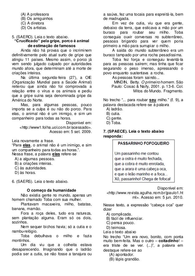 Simulado de português 5º ano spaece 2014