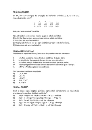 10 (Unicap PE/2004) 
As 1as, 2as e 3as energias de ionização de elementos distintos A, B, C e D são, 
respectivamente, em eV: 
A B C D 
1a 5,40 5,12 9,32 6,02 
2a 75,00 46,87 18,20 17,75 
3a 121,30 70,73 153,90 28,25 
Marque a alternativa INCORRETA 
A) A e B podem pertencer ao mesmo grupo da tabela periódica. 
B) A, B, C e D pertencem ao mesmo período da tabela periódica. 
C) B poderá ser um metal alcalino. 
D) O composto formado por C e cloro terá fórmula CC2 será eletrovalente. 
E) O elemento A é um metal alcalino. 
11) Uftm MG/2007/1ªFase) 
Considere as seguintes afirmações quanto às propriedades dos elementos: 
I. o fósforo apresenta maior afinidade eletrônica do que o cloro; 
II. o raio atômico do magnésio é maior do que o do nitrogênio; 
III. a primeira energia de ionização do cálcio é menor que a do berílio; 
IV. a configuração eletrônica da camada de valência do iodo é igual a 5s25p5; 
V. o Ti4+ e o Ar são espécies isoeletrônicas. 
São corretas somente as afirmativas 
a) I, II, III e IV. 
b) I, II e IV. 
c) I, III e V. 
d) II, III, IV e V. 
e) III, IV e V. 
12) Ufam AM/2007) 
Qual a opção cujas reações químicas representam corretamente as respectivas 
energias de ionização e afinidade eletrônica? 
a) X(s) + Energia  X+1(s) + e; X(s) + e  X-1(s) + Energia 
b) X(g) + e  X-1(g) + Energia; X(g) + Energia  X+1(g) + e 
c) X(g) + 2e  X-2(g); X(g) + e  X-1(g) + Energia 
d) X(g) – 2e  X+2(g) + Energia; X(g) - e  X+1(g) + Energia 
e) X(g) + Energia  X+1(g) + e; X(g) + e  X-1(g) + Energia 
 