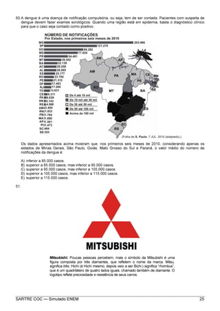 SARTRE COC — Simulado ENEM 25
50.A dengue é uma doença de notificação compulsória, ou seja, tem de ser contada. Pacientes com suspeita de
dengue devem fazer exames sorológicos. Quando uma região está em epidemia, basta o diagnóstico clínico
para que o caso seja contado como positivo.
Os dados apresentados acima mostram que, nos primeiros seis meses de 2010, considerando apenas os
estados de Minas Gerais, São Paulo, Goiás, Mato Grosso do Sul e Paraná, o valor médio do número de
notificações da dengue é:
A) inferior a 85.000 casos.
B) superior a 85.000 casos, mas inferior a 95.000 casos.
C) superior a 95.000 casos, mas inferior a 105.000 casos.
D) superior a 105.000 casos, mas inferior a 115.000 casos.
E) superior a 115.000 casos.
51.
Mitsubishi: Poucas pessoas percebem, mais o símbolo da Mitsubishi é uma
figura composta por três diamantes, que refletem o nome da marca. Mitsu,
significa três, Hichi (é Hichi mesmo, depois veio a ser Bichi.) significa “rhombus”,
que é um quadrilátero de quatro lados iguais, chamado também de diamante. O
logotipo reflete preciosidade e resistência de seus carros.
 