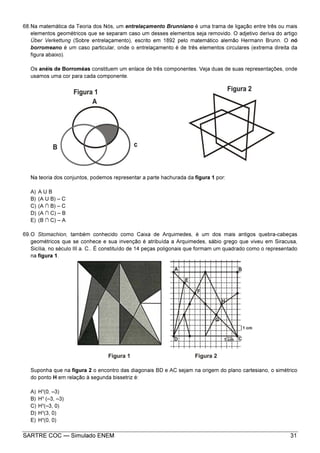SARTRE COC — Simulado ENEM 31
68.Na matemática da Teoria dos Nós, um entrelaçamento Brunniano é uma trama de ligação entre três ou mais
elementos geométricos que se separam caso um desses elementos seja removido. O adjetivo deriva do artigo
Über Verkettung (Sobre entrelaçamento), escrito em 1892 pelo matemático alemão Hermann Brunn. O nó
borromeano é um caso particular, onde o entrelaçamento é de três elementos circulares (extrema direita da
figura abaixo).
Os anéis de Borroméas constituem um enlace de três componentes. Veja duas de suas representações, onde
usamos uma cor para cada componente.
Na teoria dos conjuntos, podemos representar a parte hachurada da figura 1 por:
A) A U B
B) (A U B) – C
C) (A ∩ B) – C
D) (A ∩ C) – B
E) (B ∩ C) – A
69.O Stomachion, também conhecido como Caixa de Arquimedes, é um dos mais antigos quebra-cabeças
geométricos que se conhece e sua invenção é atribuída a Arquimedes, sábio grego que viveu em Siracusa,
Sicília, no século III a. C.. É constituído de 14 peças poligonais que formam um quadrado como o representado
na figura 1.
Suponha que na figura 2 o encontro das diagonais BD e AC sejam na origem do plano cartesiano, o simétrico
do ponto H em relação à segunda bissetriz é:
A) H¹(0, –3)
B) H¹ (–3, –3)
C) H¹(–3, 0)
D) H¹(3, 0)
E) H¹(0, 0)
 