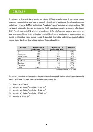 A cada ano, a Amazônia Legal perde, em média, 0,5% de suas florestas. O percentual parece
pequeno, mas equivale a uma área de quase 5 mil quilômetros quadrados. Os cálculos feitos pelo
Instituto do Homem e do Meio Ambiente da Amazônia (Imazon) apontam um crescimento de 23%
na taxa de destruição da mata em junho de 2008, quando comparado ao mesmo mês do ano
2007. Aproximadamente 612 quilômetros quadrados de floresta foram cortados ou queimados em
quatro semanas. Nesse ritmo, um hectare e meio (15 mil metros quadrados ou pouco mais de um
campo de futebol) da maior floresta tropical do planeta é destruído a cada minuto. A tabela abaixo
mostra dados das áreas destruídas em alguns Estados brasileiros.



               Estado            Agosto/2006 a          Agosto/2007 a            Variação
                               junho/2007 (km²)       junho/2008 (km²)
           Acre                        13                      23                    77%
           Amazonas                   146                     153                     5%
           Mato Grosso              2.436                   2.074                   -14%
           Pará                     1.322                   1.936                    46%
           Rondônia                   381                     452                    19%
           Roraima                     65                      84                    29%
           Tocantins                    6                      29                   383%
           Total                    4.370                   4.754                     9%
                                                              Correio Braziliense, 29 jul. 2008.




Supondo a manutenção desse ritmo de desmatamento nesses Estados, o total desmatado entre
agosto de 2008 e junho de 2009, em valores aproximados, foi

(A)   inferior a 5.000 km2.
(B)   superior a 5.000 km2 e inferior a 6.000 km2.
(C)   superior a 6.000 km2 e inferior a 7.000 km2.
(D)   superior a 7.000 km2 e inferior a 10.000 km2.
(E)   superior a 10.000 km2.




                                                  9
 