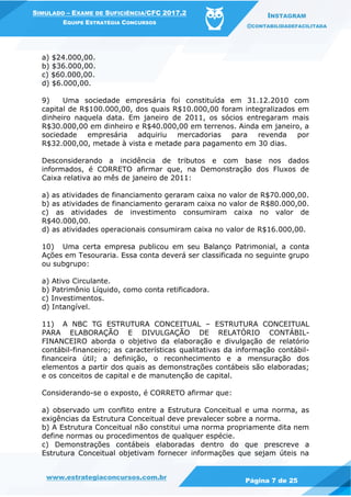 www.estrategiaconcursos.com.br
Página 7 de 25
SIMULADO – EXAME DE SUFICIÊNCIA/CFC 2017.2
EQUIPE ESTRATÉGIA CONCURSOS
INSTAGRAM
@CONTABILIDADEFACILITADA
a) $24.000,00.
b) $36.000,00.
c) $60.000,00.
d) $6.000,00.
9) Uma sociedade empresária foi constituída em 31.12.2010 com
capital de R$100.000,00, dos quais R$10.000,00 foram integralizados em
dinheiro naquela data. Em janeiro de 2011, os sócios entregaram mais
R$30.000,00 em dinheiro e R$40.000,00 em terrenos. Ainda em janeiro, a
sociedade empresária adquiriu mercadorias para revenda por
R$32.000,00, metade à vista e metade para pagamento em 30 dias.
Desconsiderando a incidência de tributos e com base nos dados
informados, é CORRETO afirmar que, na Demonstração dos Fluxos de
Caixa relativa ao mês de janeiro de 2011:
a) as atividades de financiamento geraram caixa no valor de R$70.000,00.
b) as atividades de financiamento geraram caixa no valor de R$80.000,00.
c) as atividades de investimento consumiram caixa no valor de
R$40.000,00.
d) as atividades operacionais consumiram caixa no valor de R$16.000,00.
10) Uma certa empresa publicou em seu Balanço Patrimonial, a conta
Ações em Tesouraria. Essa conta deverá ser classificada no seguinte grupo
ou subgrupo:
a) Ativo Circulante.
b) Patrimônio Líquido, como conta retificadora.
c) Investimentos.
d) Intangível.
11) A NBC TG ESTRUTURA CONCEITUAL – ESTRUTURA CONCEITUAL
PARA ELABORAÇÃO E DIVULGAÇÃO DE RELATÓRIO CONTÁBIL-
FINANCEIRO aborda o objetivo da elaboração e divulgação de relatório
contábil-financeiro; as características qualitativas da informação contábil-
financeira útil; a definição, o reconhecimento e a mensuração dos
elementos a partir dos quais as demonstrações contábeis são elaboradas;
e os conceitos de capital e de manutenção de capital.
Considerando-se o exposto, é CORRETO afirmar que:
a) observado um conflito entre a Estrutura Conceitual e uma norma, as
exigências da Estrutura Conceitual deve prevalecer sobre a norma.
b) A Estrutura Conceitual não constitui uma norma propriamente dita nem
define normas ou procedimentos de qualquer espécie.
c) Demonstrações contábeis elaboradas dentro do que prescreve a
Estrutura Conceitual objetivam fornecer informações que sejam úteis na
 