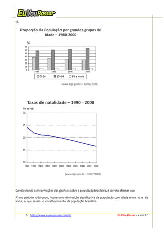 10.

Considerando as informações dos gráficos sobre a população brasileira, é correto afirmar que:
A) no período 1980-2000, houve uma diminuição significativa da população com idade entre 15 e 64
anos, o que revela o envelhecimento da população brasileira.

5 http://www.euvoupassar.com.br

Eu Vou Passar – e você?

 