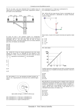 Correção em www.fisicafabricio.com.br
15. Em um poste, uma trave horizontal feita de madeira serve de
suporte para os três isoladores de alta tensão, responsáveis, também,
por manter os fios sobrelevados.
Os pesos da trave e dos isoladores podem ser considerados
desprezíveis. Cada fio exerce sobre seu isolador uma força vertical de
intensidade 400 N e, por essa razão, além da trave ser presa
diretamente ao poste, uma haste inclinada exerce um esforço adicional
para cima, em newtons, de intensidade
(A) 100.
(B) 200.
(C) 300.
(D) 400.
(E) 600.
16. (Unifor-CE) A força de atração gravitacional entre dois corpos
esféricos de massas M e m, separados de uma distância d, tem
intensidade F. Então, a força de atração entre dois corpos de massas
2
M e
2
m , separados de uma distância
2
d , terá ntensidade:
a) F
b)
2
F
c)
4
F
d) 2F
e) 4F
17. Dois satélites, S1 e S2, são colocados em órbitas circulares, de
raios R1 e R2, respectivamente, em torno da Terra, conforme figura
abaixo.
Após análise da figura, é CORRETO afirmar que:
(A) a velocidade de S1 é maior que a velocidade de S2.
(B) a velocidade de S2 é maior que a velocidade de S1.
(C) a aceleração de S2 é igual à aceleração de S1.
(D) a aceleração de S2 é maior que a aceleração de S1.
(E) a aceleração é nula para S1 e S2.
18. (UFSCar-SP) Um corpo de peso P preso à extremidade de um
fio de massa desprezível é abandonado na posição horizontal,
conforme a figura.
Desse modo, a tração no fio no ponto mais baixo da trajetória é dada
por:
a) T=3P
b) T=2P
c) T=0
d) T= P/2
e) T=P
19. (Ufsm 2002)
O gráfico representa a elongação de uma mola, em função da tensão
exercida sobre ela. O trabalho da tensão para distender a mola de 0
a 2 m é, em J,
(A) 200
(B) 25
(C) 50
(D) 100
(E) 12,50
20. (Ufla-MG) Em uma partida de tênis o jogador recebe a bola com
componente horizontal de velocidade Vi e a rebate com componente
horizontal de velocidade 3 Vi, em sentido contrário. Considere g =
10 m/s2
. Supondo que a força aplicada na colisão da bola com a
raquete seja 60 vezes o peso da bola e atue durante 0,2 s, a
velocidade inicial da bola, em módulo, é de:
(A) 60 m/s
(B) 8 m/s
(C) 30 m/s
(D) 100 m/s
(E) 36 m/s
Simulado 4 – Prof. Fabricio Scheffer
 