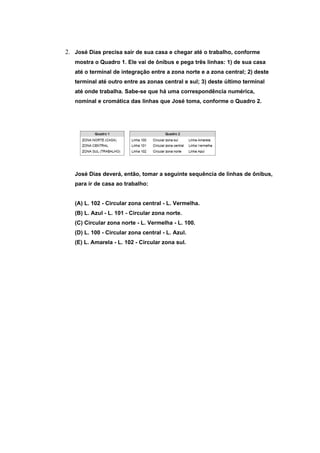 2. José Dias precisa sair de sua casa e chegar até o trabalho, conforme
   mostra o Quadro 1. Ele vai de ônibus e pega três linhas: 1) de sua casa
   até o terminal de integração entre a zona norte e a zona central; 2) deste
   terminal até outro entre as zonas central e sul; 3) deste último terminal
   até onde trabalha. Sabe-se que há uma correspondência numérica,
   nominal e cromática das linhas que José toma, conforme o Quadro 2.




   José Dias deverá, então, tomar a seguinte sequência de linhas de ônibus,
   para ir de casa ao trabalho:


   (A) L. 102 - Circular zona central - L. Vermelha.
   (B) L. Azul - L. 101 - Circular zona norte.
   (C) Circular zona norte - L. Vermelha - L. 100.
   (D) L. 100 - Circular zona central - L. Azul.
   (E) L. Amarela - L. 102 - Circular zona sul.
 