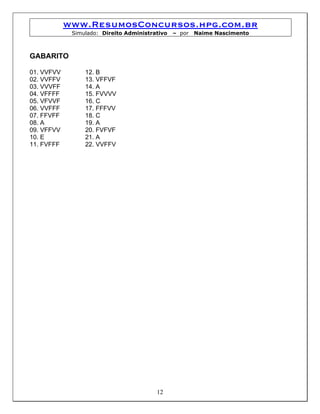 www.ResumosConcursos.hpg.com.br
             Simulado: Direito Administrativo   – por   Naime Nascimento



GABARITO

01. VVFVV        12. B
02. VVFFV        13. VFFVF
03. VVVFF        14. A
04. VFFFF        15. FVVVV
05. VFVVF        16. C
06. VVFFF        17. FFFVV
07. FFVFF        18. C
08. A            19. A
09. VFFVV        20. FVFVF
10. E            21. A
11. FVFFF        22. VVFFV




                                         12
 