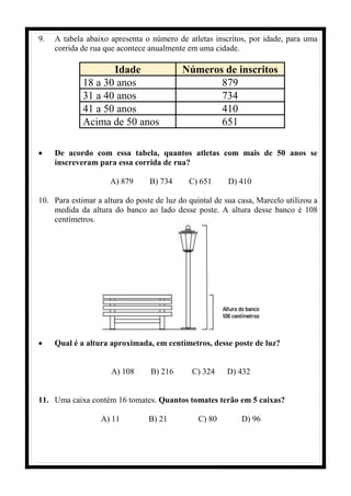 9. A tabela abaixo apresenta o número de atletas inscritos, por idade, para uma
corrida de rua que acontece anualmente em uma cidade.
Idade Números de inscritos
18 a 30 anos 879
31 a 40 anos 734
41 a 50 anos 410
Acima de 50 anos 651
• De acordo com essa tabela, quantos atletas com mais de 50 anos se
inscreveram para essa corrida de rua?
A) 879 B) 734 C) 651 D) 410
10. Para estimar a altura do poste de luz do quintal de sua casa, Marcelo utilizou a
medida da altura do banco ao lado desse poste. A altura desse banco é 108
centímetros.
• Qual é a altura aproximada, em centímetros, desse poste de luz?
A) 108 B) 216 C) 324 D) 432
11. Uma caixa contém 16 tomates. Quantos tomates terão em 5 caixas?
A) 11 B) 21 C) 80 D) 96
 
