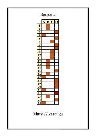 Resposta
Mary Alvarenga
A B C D
1
2
3
4
5
6
7
8
9
10
11
12
13
14
15
16
17
18
19
20
21
22
23
24
25
 