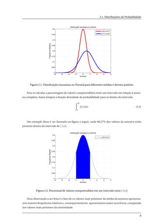 2.1. Distribuições de Probabilidade
−8 −6 −4 −2 0 2 4 6 8
0
0.05
0.1
0.15
0.2
0.25
0.3
0.35
0.4
Amostra
FrequênciaRelativa
Distribuição Gaussiana ou Normal
µ=0 e σ=1
µ=1 e σ=2
Figura 2.1: Distribuição Gaussiana ou Normal para diferentes médias e desvios padrões
Para se calcular a porcentagem de valores compreendidos entre um intervalo em relação a amos-
tra completa, basta integrar a função densidade de probabilidade para os limites do intervalo.
B
A
f (x)dx (2.2)
Um exemplo disso é ser ilustrado na ﬁgura a seguir, onde 68,27% dos valores da amostra estão
presente dentro do intervalo de [-1,1].
−4 −3 −2 −1 0 1 2 3 4
0
0.05
0.1
0.15
0.2
0.25
0.3
0.35
0.4
Distribuição Gaussiana ou Normal
FrequênciaRelativa
Amostra
µ=0 e σ=1
Figura 2.2: Percentual de valores compreendidos em um intervalo entre [-1,1]
Uma observação a ser feita é o fato de os valores mais próximos da média da amostra apresenta-
rem maiores frequências relativas e, consequentemente. apresentarem maior ocorrência, comparado
aos valores mais próximos da extremidade.
6
 