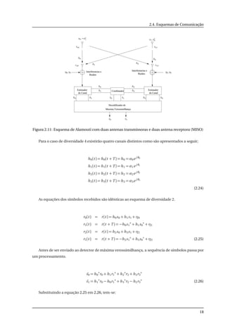 2.4. Esquemas de Comunicação
Figura 2.11: Esquema de Alamouti com duas antenas transmissoras e duas antena receptora (MISO)
Para o caso de diversidade 4 existirão quatro canais distintos como são apresentados a seguir;
h0(t ) = h0(t + T) = h0 = α0e j θ0
h1(t ) = h1(t + T) = h1 = α1e j θ1
h2(t ) = h2(t + T) = h2 = α2e j θ2
h3(t ) = h3(t + T) = h3 = α3e j θ3
(2.24)
As equações dos símbolos recebidos são idênticas ao esquema de diversidade 2.
r0(t ) = r(t ) = h0s0 + h1s1 + η0
r1(t ) = r(t + T) = −h0s1
∗
+ h1s0
∗
+ η1
r2(t ) = r(t ) = h2s0 + h3s1 + η2
r1(t ) = r(t + T) = −h2s1
∗
+ h3s0
∗
+ η3 (2.25)
Antes de ser enviado ao detector de máxima verossimilhança, a sequência de símbolos passa por
um processamento.
˜s0 = h0
∗
r0 + h1r1
∗
+ h2
∗
r2 + h3r3
∗
˜s1 = h1
∗
r0 − h0r1
∗
+ h3
∗
r2 − h2r3
∗
(2.26)
Substituindo a equação 2.25 em 2.26, tem-se:
18
 