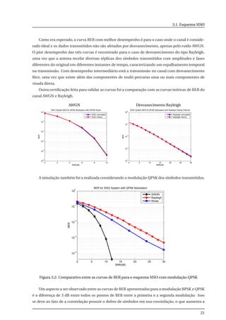 3.1. Esquema SISO
Como era esperado, a curva BER com melhor desempenho é para o caso onde o canal é conside-
rado ideal e os dados transmitidos não são afetados por desvanecimento, apenas pelo ruído AWGN.
O pior desempenho das três curvas é encontrado para o caso de desvanecimento do tipo Rayleigh,
uma vez que a antena recebe diversas réplicas dos símbolos transmitidos com amplitudes e fases
diferentes do original em diferentes instantes de tempo, caracterizando um espalhamento temporal
na transmissão. Com desempenho intermediário está a transmissão no canal com desvanecimento
Rice, uma vez que existe além das componentes de multi-percurso uma ou mais componentes de
visada direta.
Outra certiﬁcação feita para validar as curvas foi a comparação com as curvas teóricas de BER do
canal AWGN e Rayleigh.
AWGN Desvanecimento Rayleigh
0 2 4 6 8 10
10
−6
10
−5
10
−4
10
−3
10
−2
10
−1
SNR(dB)
BER
SISO System BER for BPSK Modulation with AWGN Noise
SISO−simulated
SISO−theory
0 5 10 15 20 25 30
10
−4
10
−3
10
−2
10
−1
10
0
SNR(dB)
BER
SISO System BER for BPSK Modulation with Rayleigh Fading Channel
Rayleigh−simulated
Rayleigh−theory
A simulação também foi a realizada considerando a modulação QPSK dos símbolos transmitidos.
0 5 10 15 20 25 30
10
−4
10
−3
10
−2
10
−1
10
0
BER for SISO System with QPSK Modulation
SNR(dB)
BER
AWGN
Rayleigh
Rician
Figura 3.2: Comparativo entre as curvas de BER para o esquema SISO com modulação QPSK
Um aspecto a ser observado entre as curvas de BER apresentadas para a modulação BPSK e QPSK
é a diferença de 3 dB entre todos os pontos de BER entre a primeira e a segunda modulação. Isso
se deve ao fato de a constelação possuir o dobro de símbolos em sua constelação, o que aumenta a
21
 