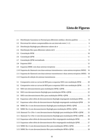 Lista de Figuras
2.1 Distribuição Gaussiana ou Normal para diferentes médias e desvios padrões . . . . . . . . 6
2.2 Percentual de valores compreendidos em um intervalo entre [-1,1] . . . . . . . . . . . . . . . . 6
2.3 Distribuição Rayleigh para diferentes valores de σ . . . . . . . . . . . . . . . . . . . . . . . . . . . . 7
2.4 Distribuição Rice para diferentes valores de K . . . . . . . . . . . . . . . . . . . . . . . . . . . . . . . 8
2.5 Constelação BPSK . . . . . . . . . . . . . . . . . . . . . . . . . . . . . . . . . . . . . . . . . . . . . . . . . . . . 10
2.6 Constelação QPSK . . . . . . . . . . . . . . . . . . . . . . . . . . . . . . . . . . . . . . . . . . . . . . . . . . . 11
2.7 Constelação QPSK normalizada . . . . . . . . . . . . . . . . . . . . . . . . . . . . . . . . . . . . . . . . . . 11
2.8 Esquema SISO . . . . . . . . . . . . . . . . . . . . . . . . . . . . . . . . . . . . . . . . . . . . . . . . . . . . . . 12
2.9 Esquema MRRC com duas antenas receptoras . . . . . . . . . . . . . . . . . . . . . . . . . . . . . . . 13
2.10 Esquema de Alamouti com duas antenas transmissoras e uma antena receptora (MISO) 16
2.11 Esquema de Alamouti com duas antenas transmissoras e duas antena receptora (MISO) 18
2.12 Esquema de seleção de antenas transmissoras . . . . . . . . . . . . . . . . . . . . . . . . . . . . . . . 19
3.1 Comparativo entre as curvas de BER para o esquema SISO com modulação BPSK . . . . . 20
3.2 Comparativo entre as curvas de BER para o esquema SISO com modulação QPSK . . . . . 21
3.3 SISO sem desvanecimento para modulações BPSK e QPSK . . . . . . . . . . . . . . . . . . . . . . 22
3.4 SISO com desvanecimento Rayleigh para modulações BPSK e QPSK . . . . . . . . . . . . . . . 22
3.5 SISO com desvanecimento Rice para modulações BPSK e QPSK . . . . . . . . . . . . . . . . . . 23
3.6 Esquemas sobre efeito de desvanecimento Rayleigh empregando modulação BPSK . . . . 23
3.7 Esquemas sobre efeito de desvanecimento Rayleigh empregando modulação QPSK . . . 24
3.8 MRRC Rx=2 com desvanecimento Rayleigh para modulações BPSK e QPSK . . . . . . . . . 24
3.9 MRRC Rx=4 com desvanecimento Rayleigh para modulações BPSK e QPSK . . . . . . . . . 25
3.10 Alamouti Tx=2 Rx=1 com desvanecimento Rayleigh para modulações BPSK e QPSK . . . 25
3.11 Alamouti Tx=2 Rx=2 com desvanecimento Rayleigh para modulações BPSK e QPSK . . . 26
3.12 Esquemas sobre efeito de desvanecimento Rice empregando modulação BPSK . . . . . . . 26
3.13 Esquemas sobre efeito de desvanecimento Rice empregando modulação QPSK . . . . . . . 27
3.14 MRRC Rx=2 com desvanecimento Rice para modulações BPSK e QPSK . . . . . . . . . . . . . 27
3.15 MRRC Rx=4 com desvanecimento Rice para modulações BPSK e QPSK . . . . . . . . . . . . . 28
III
 