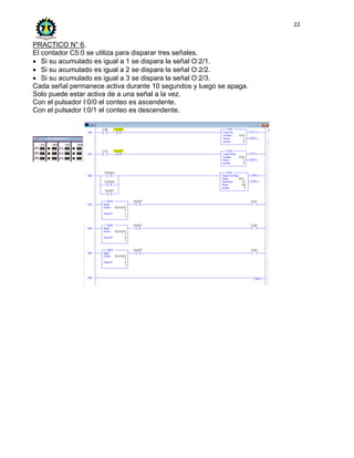 22
PRACTICO N° 6.
El contador C5:0 se utiliza para disparar tres señales.
 Si su acumulado es igual a 1 se dispara la señal O:2/1.
 Si su acumulado es igual a 2 se dispara la señal O:2/2.
 Si su acumulado es igual a 3 se dispara la señal O:2/3.
Cada señal permanece activa durante 10 segundos y luego se apaga.
Solo puede estar activa de a una señal a la vez.
Con el pulsador I:0/0 el conteo es ascendente.
Con el pulsador I:0/1 el conteo es descendente.
 