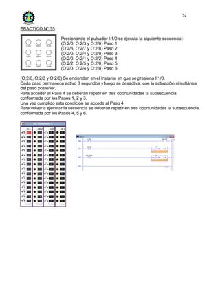 52
PRACTICO N° 35.
Presionando el pulsador I:1/0 se ejecuta la siguiente secuencia:
(O:2/0, O:2/3 y O:2/6) Paso 1
(O:2/6, O:2/7 y O:2/8) Paso 2
(O:2/0, O:2/4 y O:2/8) Paso 3
(O:2/0, O:2/1 y O:2/2) Paso 4
(O:2/2, O:2/5 y O:2/8) Paso 5
(O:2/0, O:2/4 y O:2/8) Paso 6
(O:2/0, O:2/3 y O:2/6) Se encienden en el instante en que se presiona I:1/0.
Cada paso permanece activo 3 segundos y luego se desactiva, con la activación simultánea
del paso posterior.
Para acceder al Paso 4 se deberán repetir en tres oportunidades la subsecuencia
conformada por los Pasos 1, 2 y 3.
Una vez cumplido esta condición se accede al Paso 4.
Para volver a ejecutar la secuencia se deberán repetir en tres oportunidades la subsecuencia
conformada por los Pasos 4, 5 y 6.
 