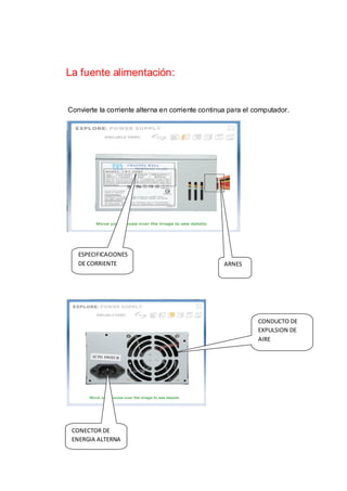 La fuente alimentación:


Convierte la corriente alterna en corriente continua para el computador.




   ESPECIFICACIONES
   DE CORRIENTE                                   ARNES




                                                             CONDUCTO DE
                                                             EXPULSION DE
                                                             AIRE




 CONECTOR DE
 ENERGIA ALTERNA
 