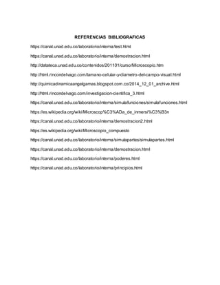 REFERENCIAS BIBLIOGRAFICAS
https://canal.unad.edu.co/laboratorio/interna/test.html
https://canal.unad.edu.co/laboratorio/interna/demostracion.html
http://datateca.unad.edu.co/contenidos/201101/curso/Microscopio.htm
http://html.rincondelvago.com/tamano-celular-y-diametro-del-campo-visual.html
http://quimicadinamicaangelgamas.blogspot.com.co/2014_12_01_archive.html
http://html.rincondelvago.com/investigacion-cientifica_3.html
https://canal.unad.edu.co/laboratorio/interna/simulafunciones/simulafunciones.html
https://es.wikipedia.org/wiki/Microscop%C3%ADa_de_inmersi%C3%B3n
https://canal.unad.edu.co/laboratorio/interna/demostracion2.html
https://es.wikipedia.org/wiki/Microscopio_compuesto
https://canal.unad.edu.co/laboratorio/interna/simulapartes/simulapartes.html
https://canal.unad.edu.co/laboratorio/interna/demostracion.html
https://canal.unad.edu.co/laboratorio/interna/poderes.html
https://canal.unad.edu.co/laboratorio/interna/principios.html
 