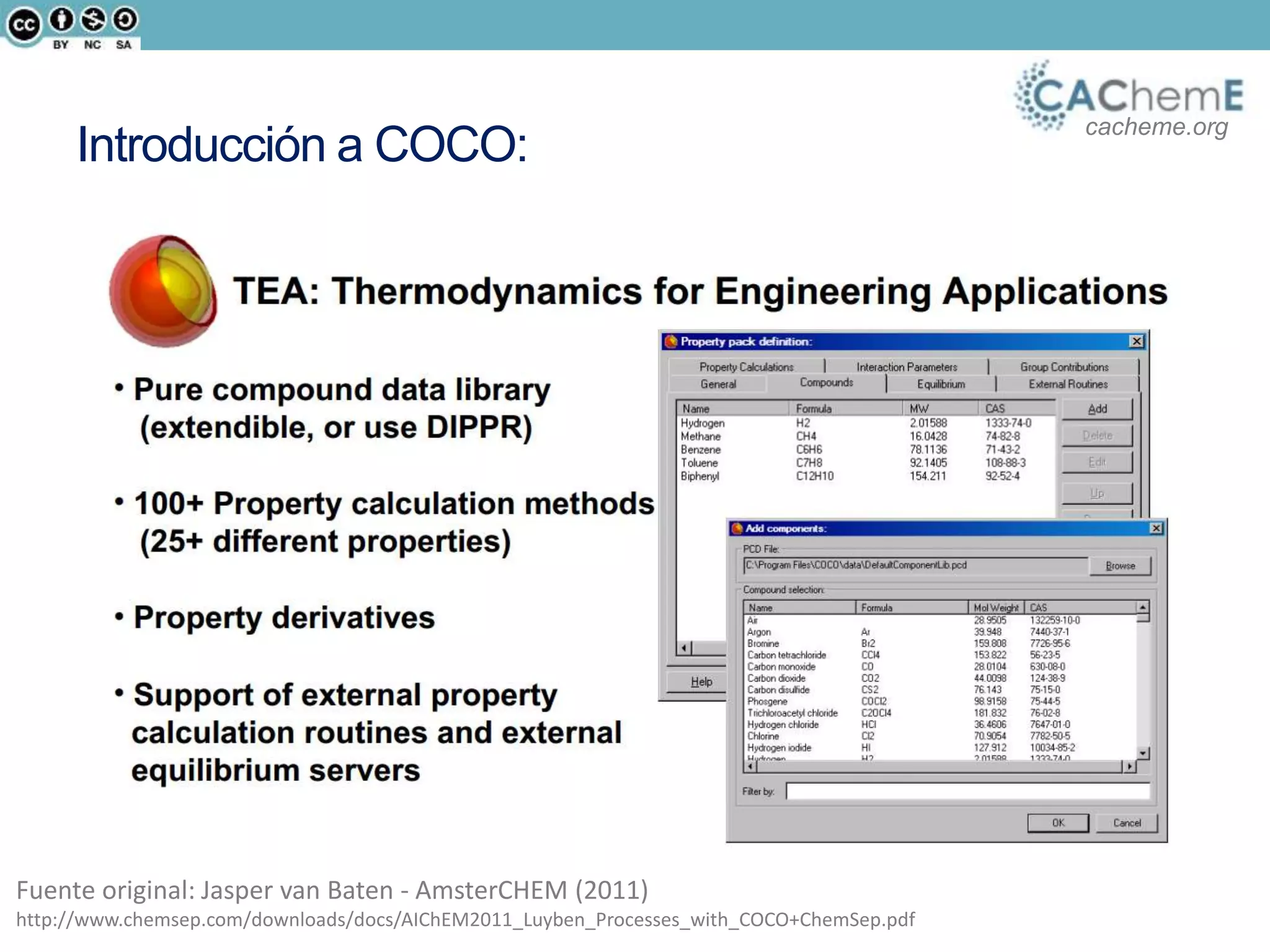 cacheme.org
Introducción a COCO:
Fuente original: Jasper van Baten - AmsterCHEM (2011)
http://www.chemsep.com/downloads/docs/AIChEM2011_Luyben_Processes_with_COCO+ChemSep.pdf
 
