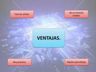 No se necesita
 Fácil de utilizar
                                      instalar




                     VENTAJAS.



Muy práctico                     Rápido aprendizaje.
 