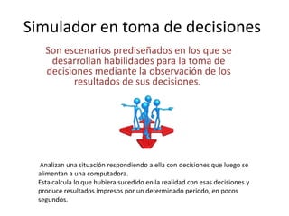 Simulador en toma de decisiones
Son escenarios prediseñados en los que se
desarrollan habilidades para la toma de
decisiones mediante la observación de los
resultados de sus decisiones.
Analizan una situación respondiendo a ella con decisiones que luego se
alimentan a una computadora.
Esta calcula lo que hubiera sucedido en la realidad con esas decisiones y
produce resultados impresos por un determinado periodo, en pocos
segundos.
 