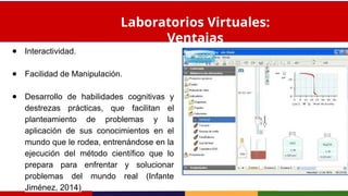 Laboratorios Virtuales:
Ventajas
● Interactividad.
● Facilidad de Manipulación.
● Desarrollo de habilidades cognitivas y
destrezas prácticas, que facilitan el
planteamiento de problemas y la
aplicación de sus conocimientos en el
mundo que le rodea, entrenándose en la
ejecución del método científico que lo
prepara para enfrentar y solucionar
problemas del mundo real (Infante
Jiménez, 2014)
 
