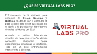 ¿QUÉ ES VIRTUAL LABS PRO?
Entrenamiento de 5 sesiones para
docentes de Física, Química y
Biología en donde van a aprender el
paso a paso para llevar sus clases de
la teoría a la práctica con laboratorios
virtuales validados del 2024
Aprende a utilizar laboratorios
virtuales de cero para enseñar desde
conceptos abstractos hasta
experimentos dinámicos e ilimitados.
Todo en un solo entrenamiento
intensivo de 5 sesiones.
 