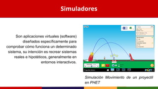 Son aplicaciones virtuales (software)
diseñados específicamente para
comprobar cómo funciona un determinado
sistema, su intención es recrear sistemas
reales e hipotéticos, generalmente en
entornos interactivos.
Simuladores
Simulación Movimiento de un proyectil
en PHET
 