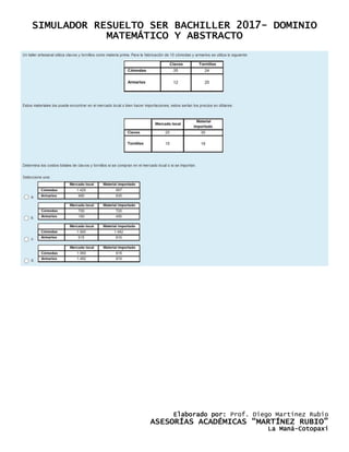 SIMULADOR RESUELTO SER BACHILLER 2017- DOMINIO
MATEMÁTICO Y ABSTRACTO
Elaborado por: Prof. Diego Martínez Rubio
ASESORÍAS ACADÉMICAS “MARTÍNEZ RUBIO”
La Maná-Cotopaxi
 