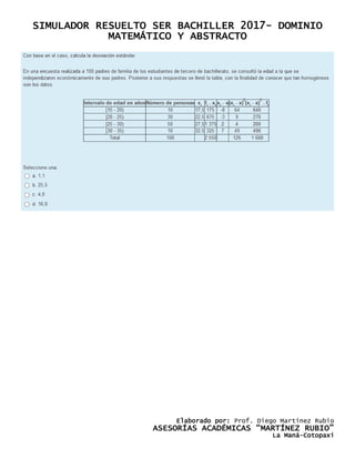 SIMULADOR RESUELTO SER BACHILLER 2017- DOMINIO
MATEMÁTICO Y ABSTRACTO
Elaborado por: Prof. Diego Martínez Rubio
ASESORÍAS ACADÉMICAS “MARTÍNEZ RUBIO”
La Maná-Cotopaxi
 