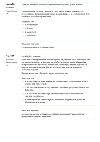 Pregunta 85
Sin contestar
Puntúa 0,00 sobre
1,00
Pregunta 86
Sin contestar
Puntúa 0,00 sobre
1,00
Con base en el texto, identifica el mecanismo físico­químico que se describe.
En la transformación de las capas de la Tierra hay un proceso de alteración o
descomposición de las rocas superficiales que está dado por la acción conjunta de la
atmósfera, la hidrosfera y la biosfera.
Seleccione una:
a. Meteorización
b. Erosión
c. Vulcanismo
d. Sismicidad
Respuesta incorrecta.
La respuesta correcta es: Meteorización
Lee el texto y responde.
En las islas Galápagos existen distintas especies de pinzones, cuyas poblaciones van
a presentar variaciones anatómicas como la forma del pico, ocasionadas por las
múltiples realidades de hábitat y alimentación. Por ejemplo, si tienen pico corto, lo
usan para romper cáscaras y si tienen pico largo, para alcanzar insectos en
escondites angostos.
De acuerdo con esta información, es correcto afirmar que:
Seleccione una:
a. el pico de los pinzones aparece por un acto creador omnipotente de un pico
simple a otro más complejo
b. los pinzones adaptan su pico según las condiciones geográficas de cada una
de las islas
c. el pico de los pinzones surgió de manera espontánea, manteniéndose
invariable con el tiempo
d. cada especie de pinzón surge de una creación independiente que les da
diferentes características
Respuesta incorrecta.
La respuesta correcta es: los pinzones adaptan su pico según las condiciones
geográficas de cada una de las islas
 