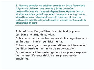 5. Algunos gemelos se originan cuando un óvulo fecundado (cigoto) se divide en dos células y éstas continúan desarrollándose de manera independiente. A pesar de sus similitudes estos gemelos pueden presentar a lo largo de su vida diferencias relacionadas con la estatura, el peso, la textura del cabello, etc; con lo cual se estaría confirmando la idea según la cual A. la información genética de un individuo puede cambiar a lo largo de su vida. B. las características observables de los organismos no están determinadas genéticamente. C. todos los organismos poseen diferente información genética desde el momento de su concepción. D. una misma información genética se puede expresar de manera diferente debido a las presiones del ambiente. 