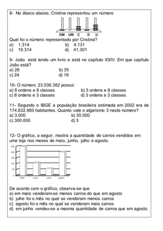 8- No ábaco abaixo, Cristina representou um número
Qual foi o número representado por Cristina?
a) 1.314 b) 4.131
c) 10.314 d) 41.301
9- João está lendo um livro e está no capítulo XXIV. Em que capítulo
João está?
a) 26 b) 35
c) 24 d) 19
10- O número 23.536.382 possui:
a) 8 ordens e 8 classes b) 3 ordens e 8 classes
c) 8 ordens e 3 classes d) 3 ordens e 3 classes
11- Segundo o IBGE a população brasileira estimada em 2002 era de
174.632.960 habitantes. Quanto vale o algarismo 3 neste número?
a) 3.000 b) 30.000
c) 300.000 d) 3
12- O gráfico, a seguir, mostra a quantidade de carros vendidos em
uma loja nos meses de maio, junho, julho e agosto.
De acordo com o gráfico, observa-se que
a) em maio venderam-se menos carros do que em agosto
b) julho foi o mês no qual se venderam menos carros
c) agosto foi o mês no qual se venderam mais carros.
d) em junho vendeu-se a mesma quantidade de carros que em agosto.
 
