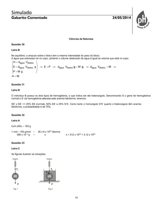 Simulado
Gabarito Comentado 24/05/2014
10
Ciências da Natureza
Questão 30
Letra B
No equilíbrio, o empuxo sobre o bloco tem a mesma intensidade do peso do bloco.
A água que extravasa cai no copo, portanto o volume deslocado de água é igual ao volume que está no copo.
água desloc
água desloc água desloc água desloc
m d V
E d V g E P d V g M g d V M
P M g
m M.
 

       



Questão 31
Letra B
O indivíduo B possui os dois tipos de hemoglobina, o que indica ser ele heterozigoto. Denominando S o gene de hemoglobina
normal e S’ da hemoglobina alterada pela anemia falciforme, teremos:
SS’ x SS’ => 25% SS (normal), 50% SS’ e 25% S’S’. Como tanto o homozigoto S’S’ quanto o heterozigoto têm anemia
falciforme, a probabilidade é de 75%.
Questão 32
Letra A
C9H13NO3 – 183 g
1 mol – 183 g/mol – 26 x 6 x 1023
átomos
366 x 103
g – x x = 312 x 1020
= 3,12 x 1022
Questão 33
Letra C
As figuras ilustram as situações.
 