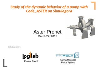 Collaboration:Aster Pronet – March 27, 2015
Study of the dynamic behavior of a pump with
Code_ASTER on Simulagora
Collaboration:
Florent Cayré
Karina Macocco
Felipe Aguirre
Aster Pronet
March 27, 2015
 