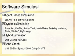 Software Simulasi
Agent Based Simulation
SeSAM, PS-I, SimWalk, Brahms
Dynamic Simulation
PowerSim, VenSim, Stella+IThink, ModelMaker, Berkeley Madonna,
Simile, WinA&D, MyStrategy
Hybrid Simulation
Shift, Cesimo, AnyLogic
Bond Graph
MS1, 20-Sim, Symbols 2000, Camp-G, MTT
 