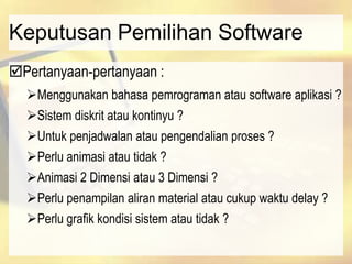 Keputusan Pemilihan Software
Pertanyaan-pertanyaan :
Menggunakan bahasa pemrograman atau software aplikasi ?
Sistem diskrit atau kontinyu ?
Untuk penjadwalan atau pengendalian proses ?
Perlu animasi atau tidak ?
Animasi 2 Dimensi atau 3 Dimensi ?
Perlu penampilan aliran material atau cukup waktu delay ?
Perlu grafik kondisi sistem atau tidak ?
 