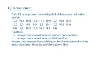 Uji Kerandoman
Data 25 lama proses manual di pabrik dalam suatu unit waktu
adalah
10,0 10,1 10,5 10,9 11,0 10,5 10,4 10,6 10,3
10,2 9,0 9,4 9,5 9,6 10,1 10,2 10,1 10,0
9,6 9,7 10,2 10,5 10,8 9,9 9,6
Hipotesis
H0 : lama proses manual tersebut random (independen)
H1 : lama proses manual tersebut tidak random
Karena data tersebut berupa bilangan kontinu (outcome kontinu)
maka digunakan Runs Up and Runs Down Test.
 