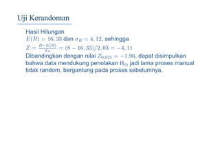 Uji Kerandoman
Hasil Hitungan
E(R) = 16, 33 dan σR = 4, 12, sehingga
Z = R−E(R)
σR
= (8 − 16, 33)/2, 03 = −4, 11
Dibandingkan dengan nilai Z0,025 = −1.96, dapat disimpulkan
bahwa data mendukung penolakan H0, jadi lama proses manual
tidak random, bergantung pada proses sebelumnya.
 