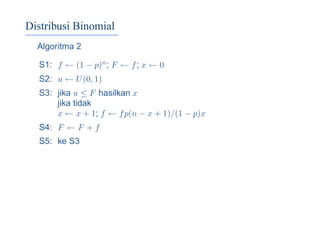 Distribusi Binomial
Algoritma 2
S1: f ← (1 − p)n; F ← f; x ← 0
S2: u ← U(0, 1)
S3: jika u ≤ F hasilkan x
jika tidak
x ← x + 1; f ← fp(n − x + 1)/(1 − p)x
S4: F ← F + f
S5: ke S3
 